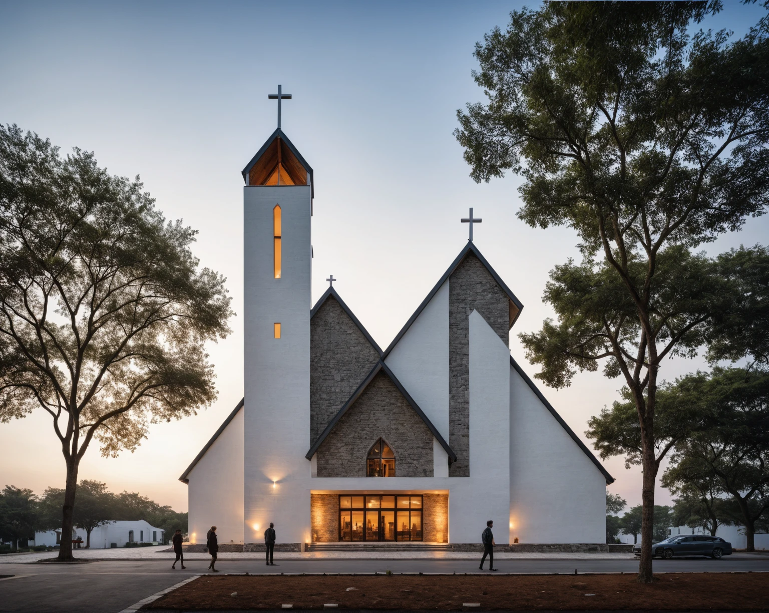 raw photo, best quality, ultra realistic, masterpiece, best quality skin, photography hd, dslr,
tcs, httlvn, modern church, road, people, house, facade design, outdoors, church, white walls, cross on top,
Dusk, sunshine,
View from a tree, dof view,