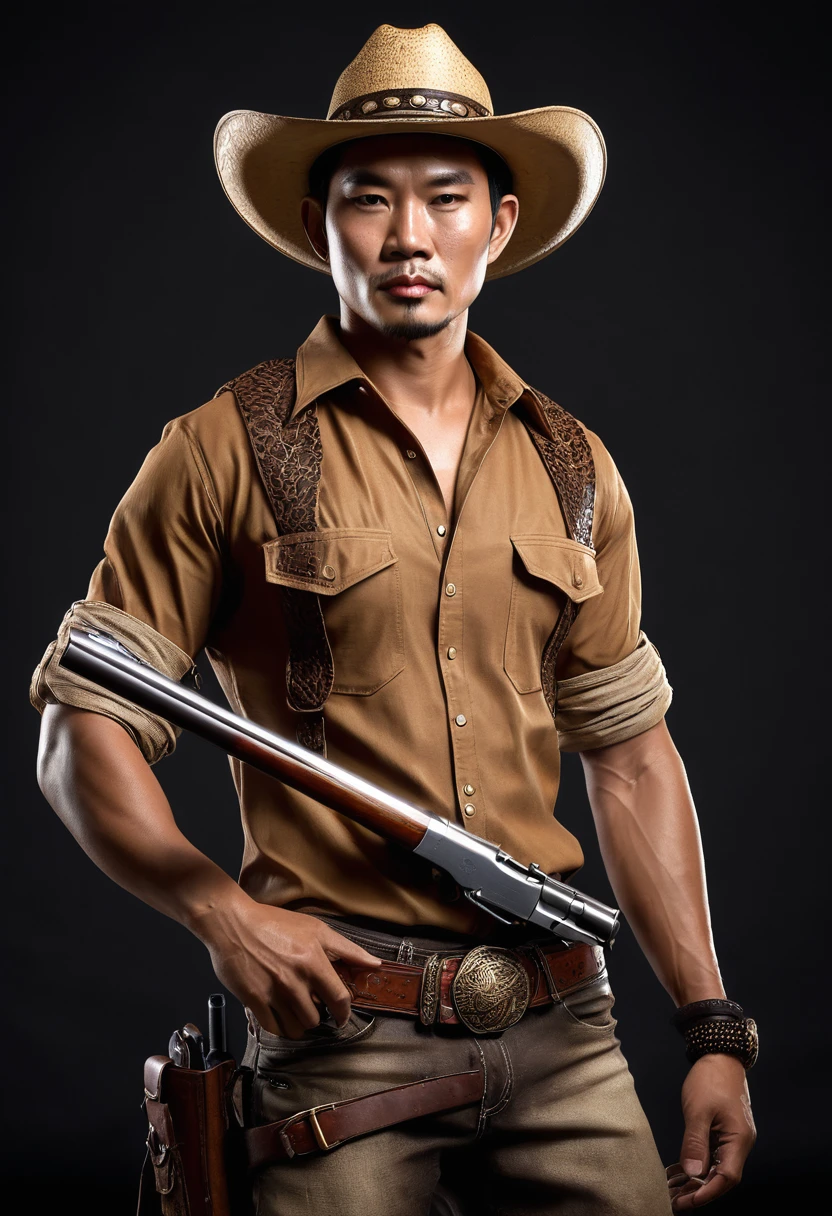 "Create a realistic image of a Thai man with strong, serious features, wearing a brown shirt and a wide-brimmed cowboy hat Tiger skin band is a strap around the hat. He is holding a long rifle with a firm grip. The background should be natural and somewhat indistinct, focusing more on the character. Emphasize realistic textures and lighting to bring the character to life."
