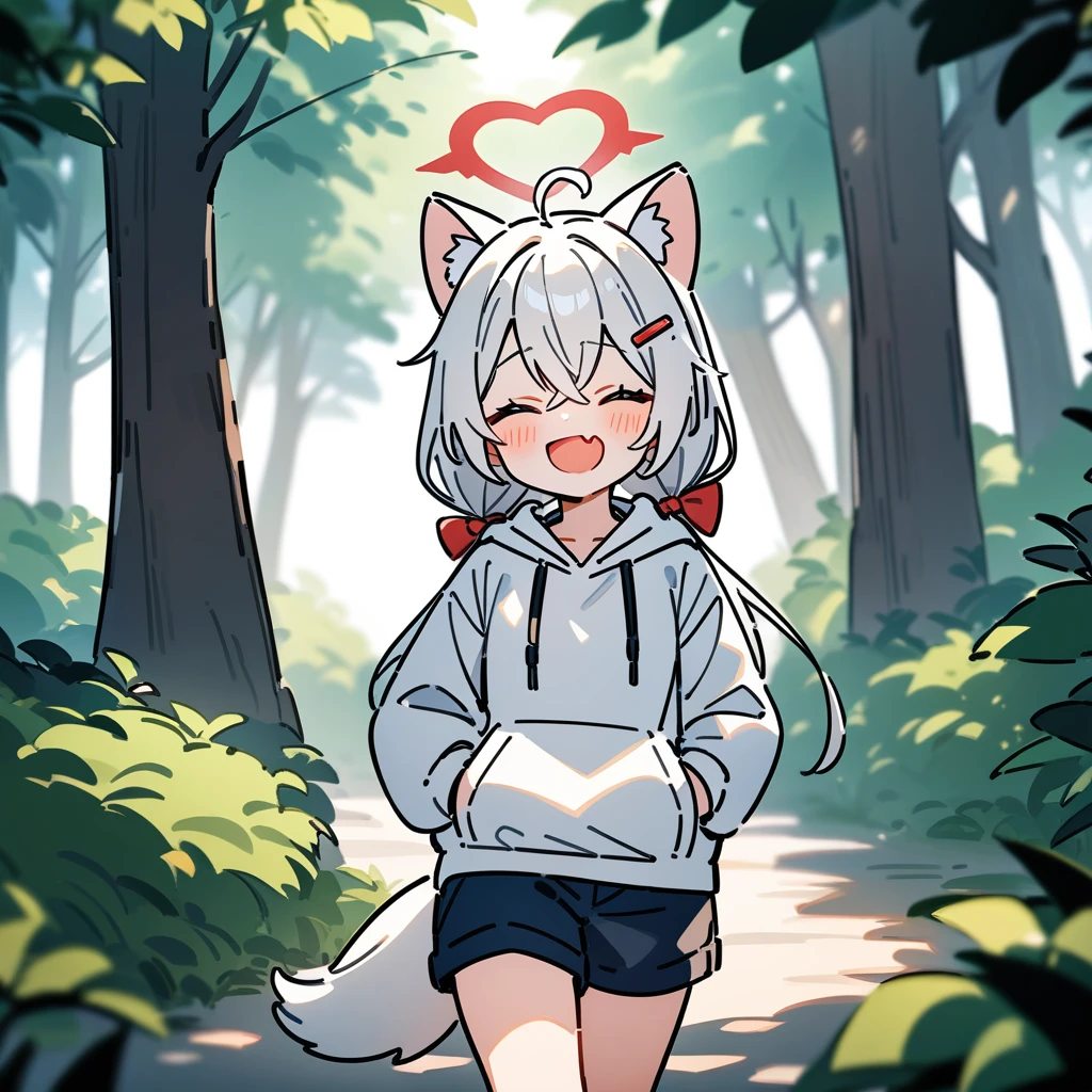 (masterpiece:1.2,high quality),8K,High resolution,An ,white hair,long hair,crossed bangs,low twintails,closed eyes,heart ahoge,hairclip,hair bow,cat ears,laughing,skin fang,red halo,Wearing a white hoodie,Dark blue shorts,Stand in the forest,There are flowering trees on both sides.,primary school student,thigh,alone,dog tail,(Put your hands in your pockets),((Put your hands in your pockets))