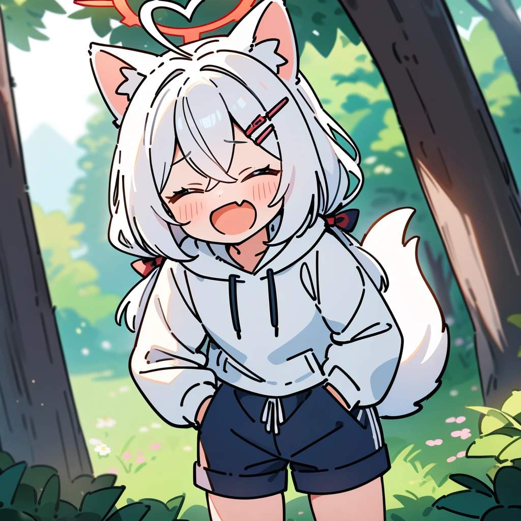 （masterpiece：1.2，high quality），8K，High resolution，An 11-year-old girl，white hair，long hair，crossed bangs，low twintails，closed eyes，heart ahoge，hairclip，hair bow，cat ears，laughing，skin fang，red halo，Wearing a white hoodie，Dark blue shorts，Stand in the forest，There are flowering trees on both sides.，primary school student，thigh，alone，dog tail，（Put your hands in your pockets），（（Put your hands in your pockets））