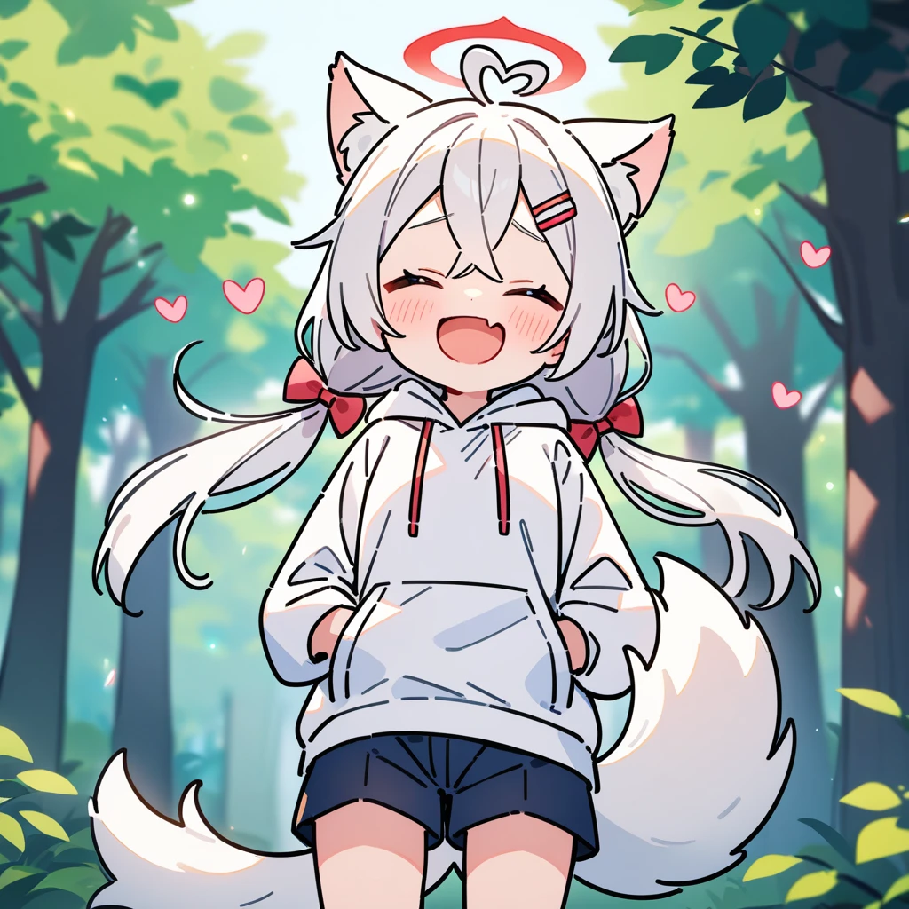 (masterpiece:1.2,high quality),8K,High resolution,An ,white hair,long hair,crossed bangs,low twintails,closed eyes,heart ahoge,hairclip,hair bow,cat ears,laughing,skin fang,red halo,Wearing a white hoodie,Dark blue shorts,Stand in the forest,There are flowering trees on both sides.,primary school student,thigh,alone,dog tail,(Put your hands in your pockets),((Put your hands in your pockets))