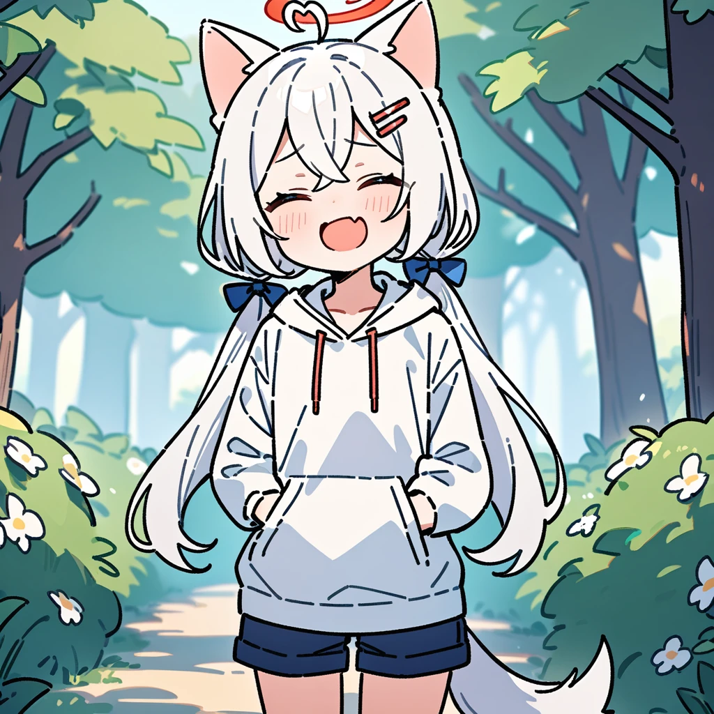 (masterpiece:1.2,high quality),8K,High resolution,An ,white hair,long hair,crossed bangs,low twintails,closed eyes,heart ahoge,hairclip,hair bow,cat ears,laughing,skin fang,red halo,Wearing a white hoodie,Dark blue shorts,Stand in the forest,There are flowering trees on both sides.,primary school student,thigh,alone,dog tail,(Put your hands in your pockets),((Put your hands in your pockets))