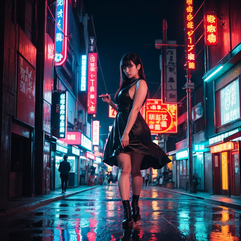 Alone、rainの中で傘を差している女性、Black long dress、Red Shoes、Evil female executive、Devilish、Curvy Body、Dynamic Movement、holding umbrella、rain、puddle、reflection、Depth of written boundary、masterpiece、Accurate human body、 Super detailed、High Contrast、4K 、Look at the viewers、Stroll through the neon streets at night