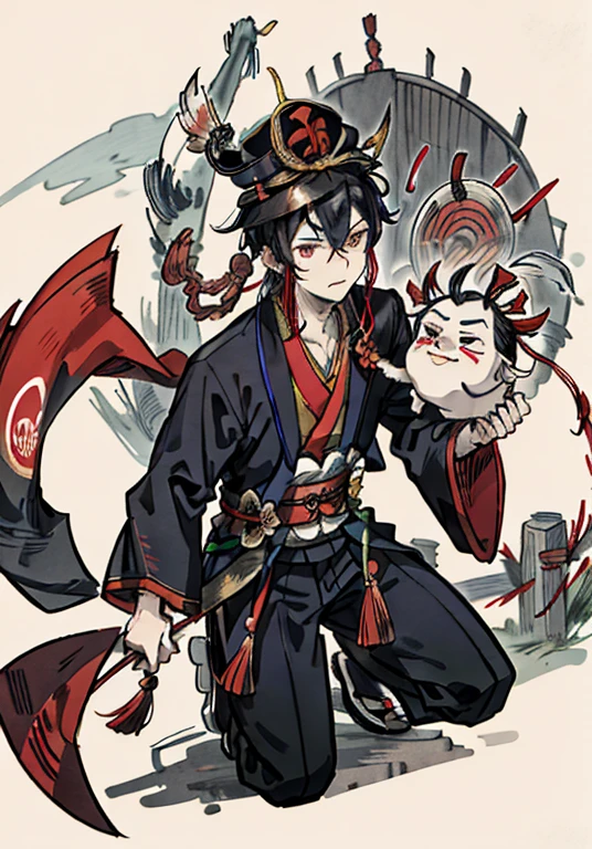 shinto priest wearing a otafuku mask, throwing ghosts with both hands, His suit is blue with classical detailed black green and red lines, red belt, red hat and gold ribbons on the closures, red luminous eyes, background macabre of tombs,
