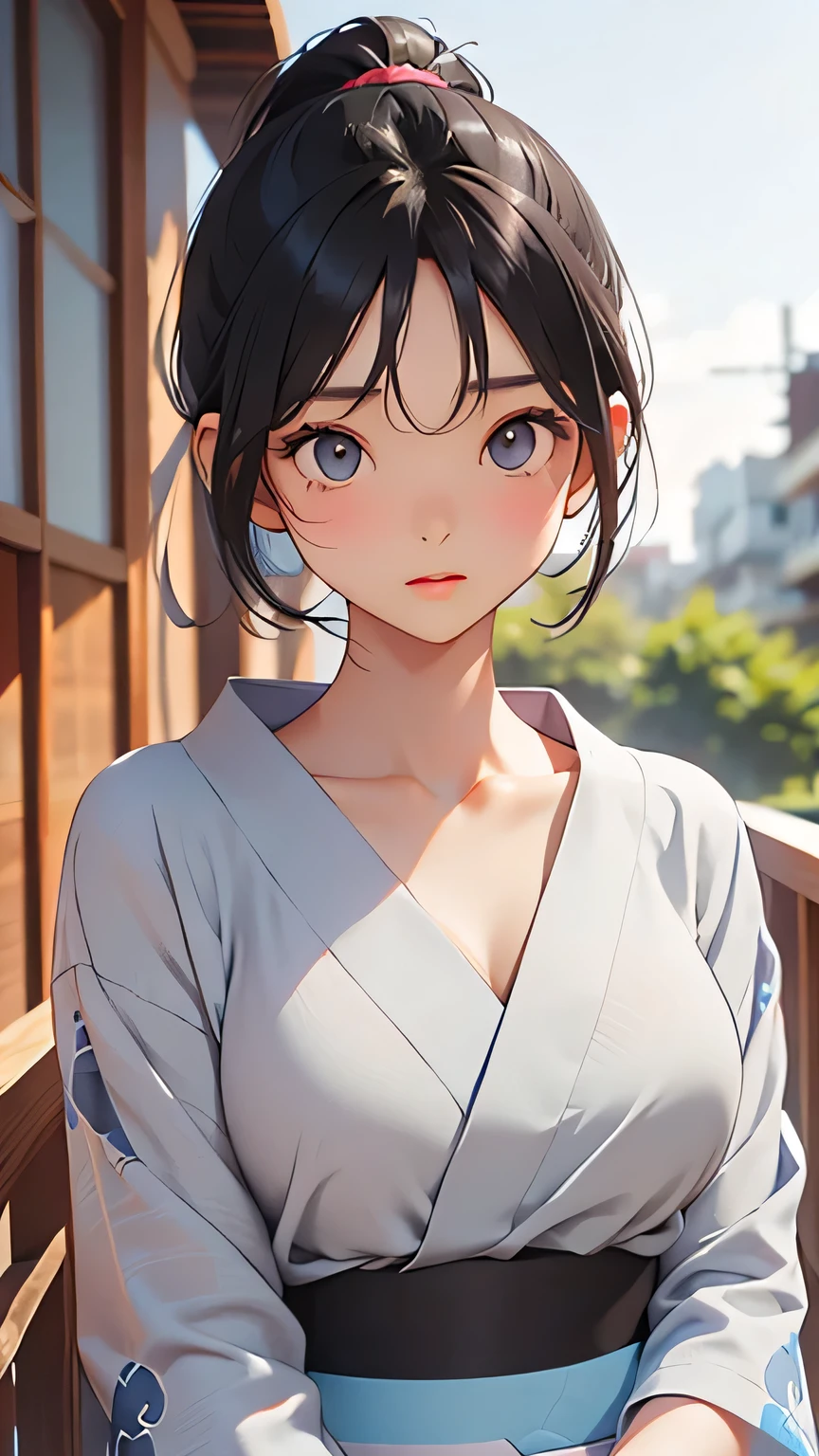 highest quality、Realistic、woman、summer night、Gray Eyes、ponytail、Black Hair、Light blue yukata、Tanned black body、Tan Skin、Brown black skin、Dark skin、slender、Large Breasts、Bust Shot