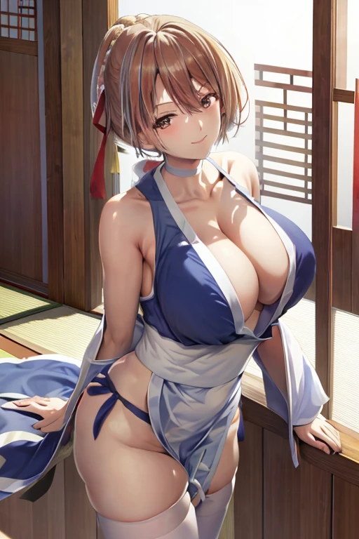 masterpiece, best quality, beautiful art, high resolution, well formed hands, body and fingers, 1 woman, solo, Hououji Akane, hair ornament, adult, grown up, big breasted, cleavage, full body, braided long hair, blue_japanese_clothes, wearing DOA Kasumi's blue kunoichi dress, sexy and skimpy japanese clothes, kimono peek, sleeveless, white stockings, gorgeous legs and thighs, doing exercise, warming up, working out, sexy and captivating training, smiling joyfully and happily , looking at the viewer, panties peek, sweating , bouncing breasts, t back thong, training montage session, beach environment