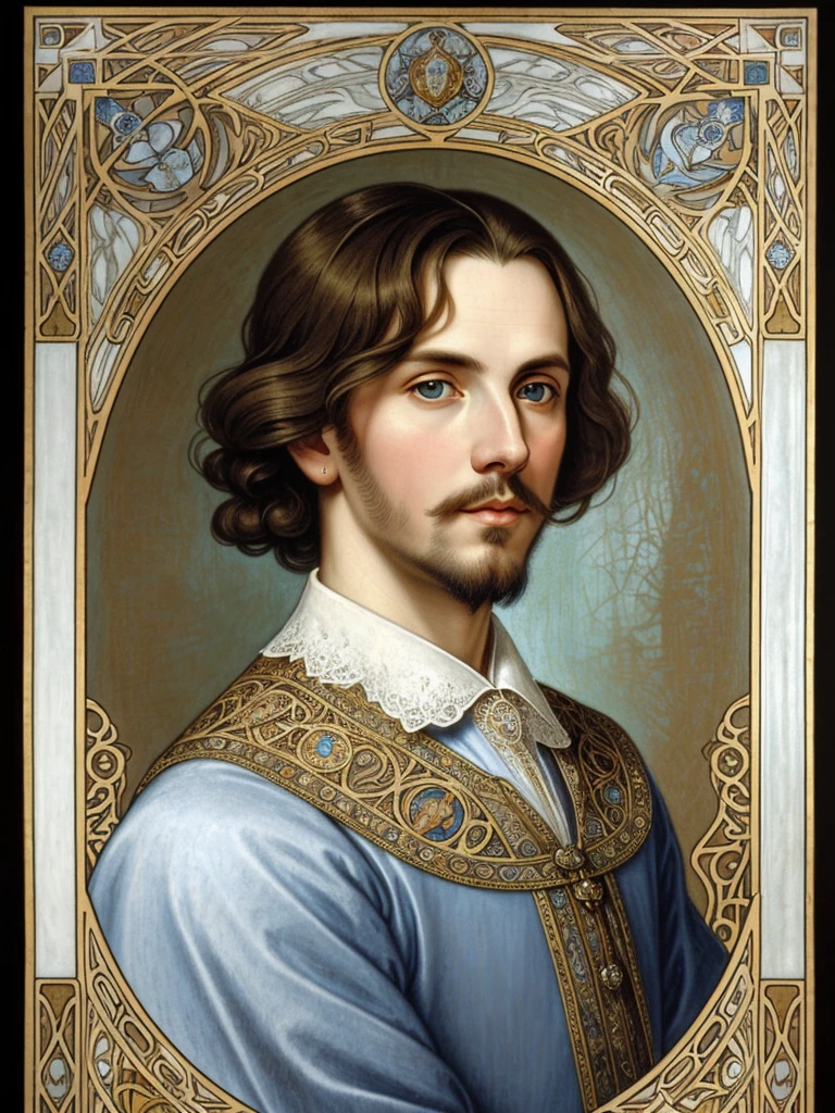 Portrait of Christopher Marlowe, extremely detailed face, white skin, piercing icy blue eyes, silky golden-brown hair, refined features, charp jawline, clean shaved, black Elizabethan velvet jerkin, white laced shirt, Art Nouveau style, Mucha style, Mucha background, realism, high quality
