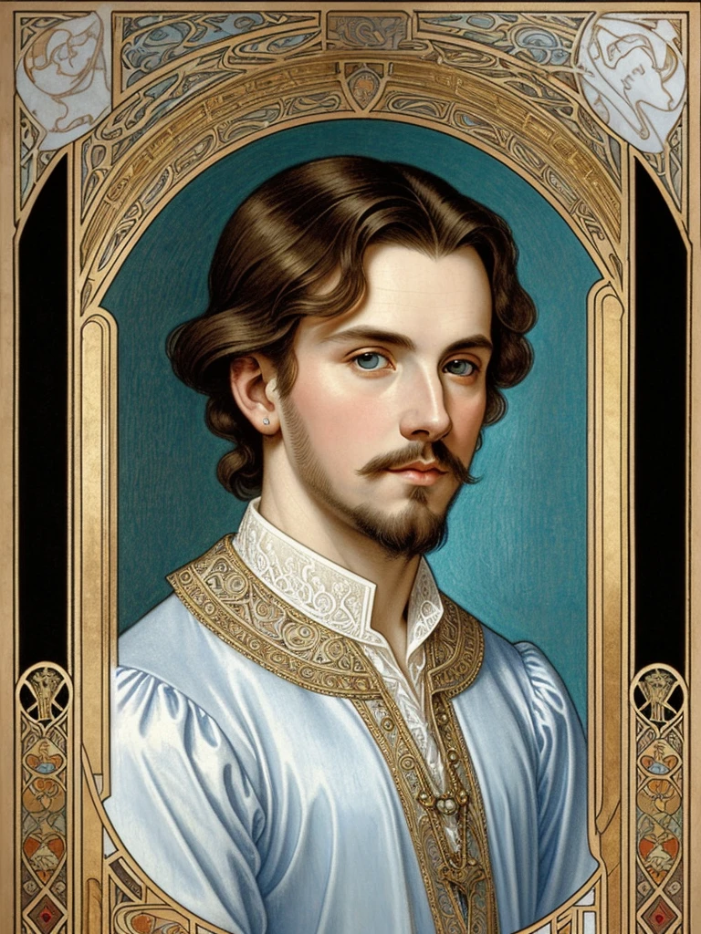Portrait of Christopher Marlowe, extremely detailed face, white skin, piercing icy blue eyes, silky golden-brown hair, refined features, charp jawline, clean shaved, black Elizabethan velvet jerkin, white laced shirt, Art Nouveau style, Mucha style, Mucha background, realism, high quality