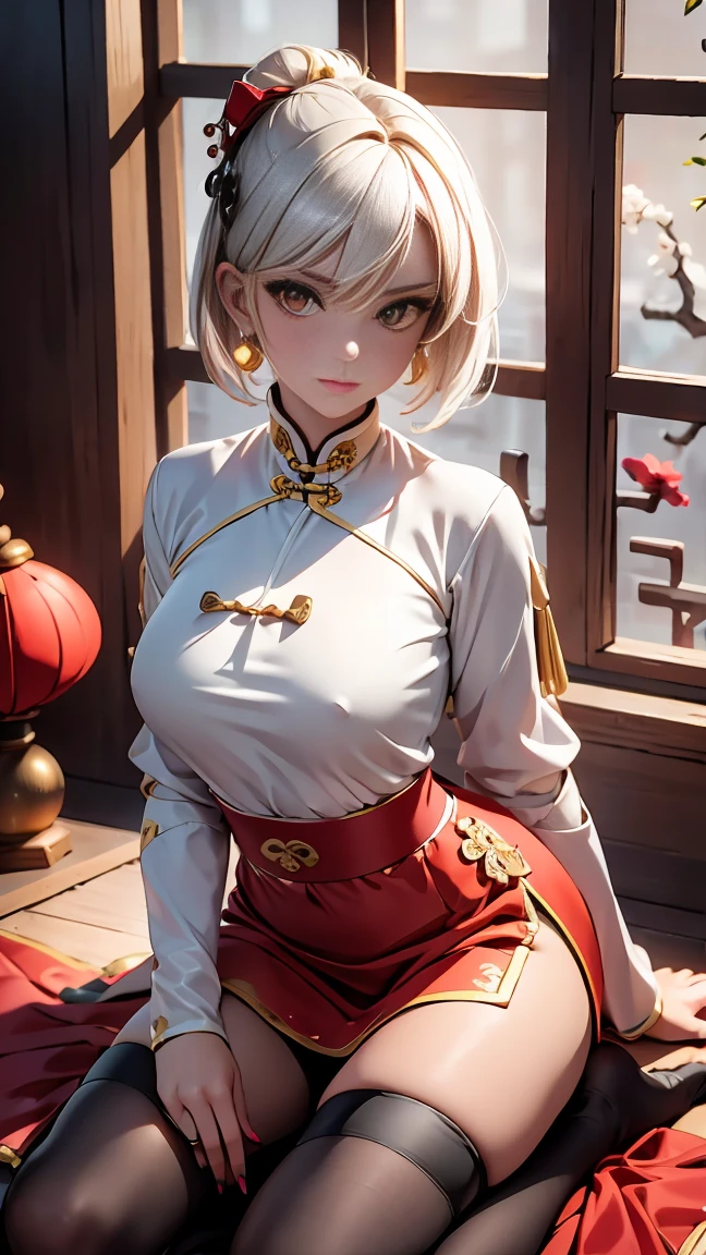 A very beautiful 19-year-old woman, (white hair:0,5), bob haircut, short hair, (yellow eyes:0.5) bright golden eyes, red nails, young beautiful face, muscular, slim but well-proportioned body, perfect white skin, highly detailed drawing, realistic face. (((Wearing traditional Chinese imperial clothes black,))) ((red skirt with contour golden,)) (with red Hanafuda earrings,) (garterbelt black thigh-high socks.) Kneeling on a white bed in an ancient Chinese room, with a full moon and stars visible through the window, with light flashes reflecting on her body. 4k anime art, perfect lighting.