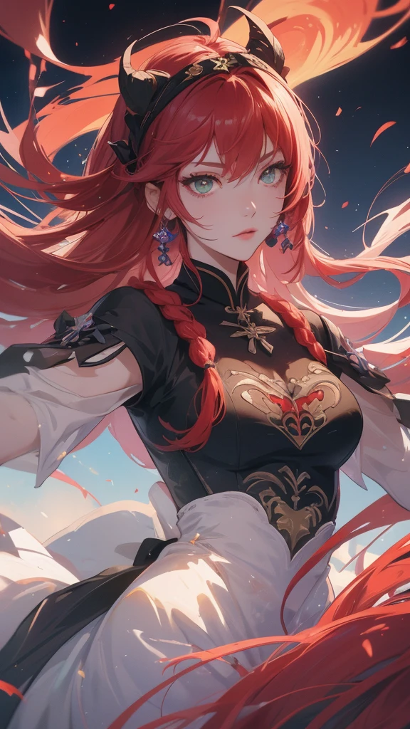 a close-up of a person with red hair and a sword, impacto de ayaka genshin, jogo ayaka impacto Genshin, keqing do impacto genshin, zhongli do impacto genshin, also, anime moe art style, genshin, cute anime waifu in a beautiful dress, female protagonist 👀 :8, demon slayer rui fanart, purple eye iris, ( black leagwear), disdainful expression, looking from bottom to top, view from the bottom, (( small red spherical piercing below the eyes)) , (a black, braided headband ),  (green forest in the background)