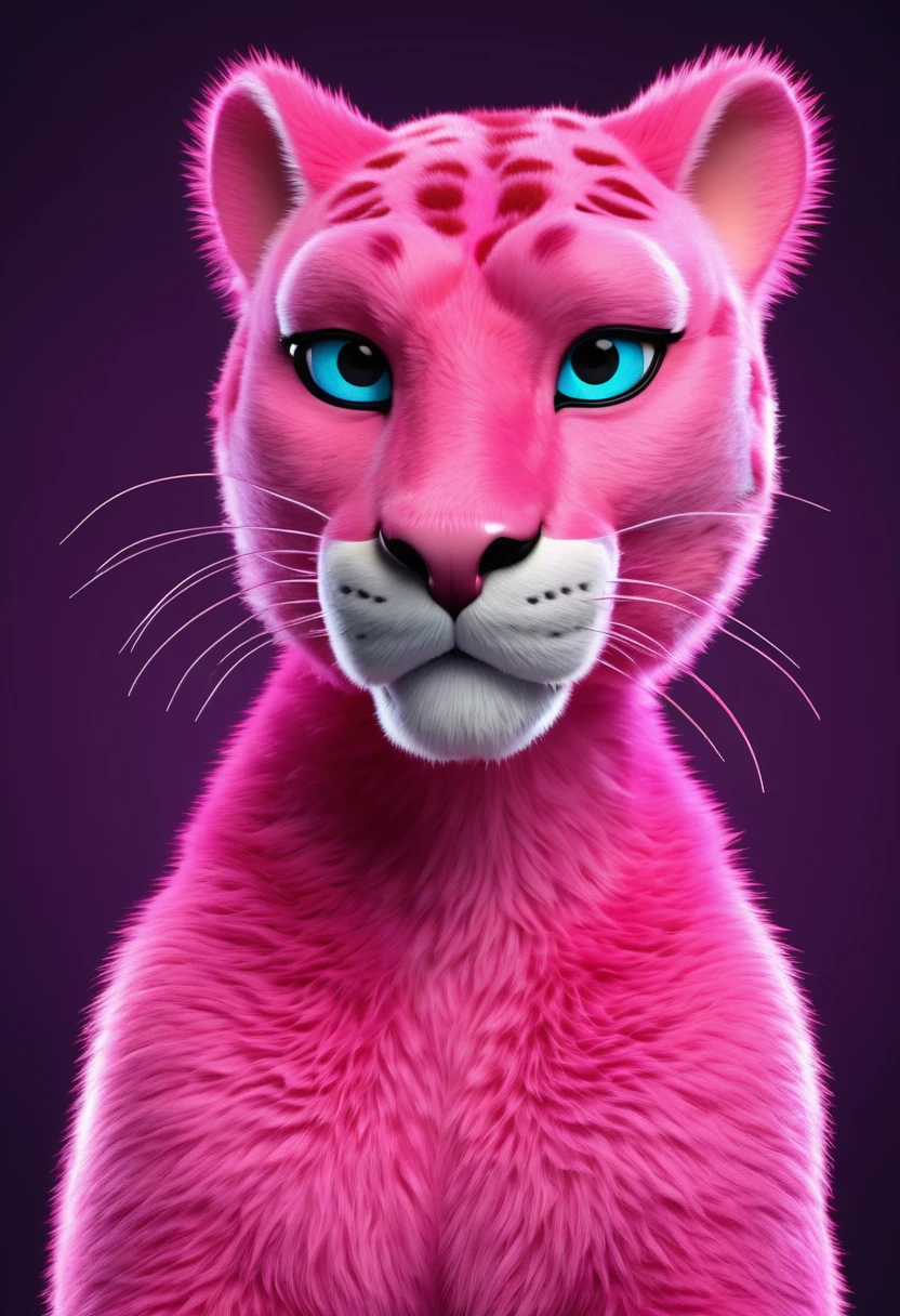 cartoon pink panther adult, with very thin, realistic and beautiful fur, with unusual, fun poses, 8k, detailed neon