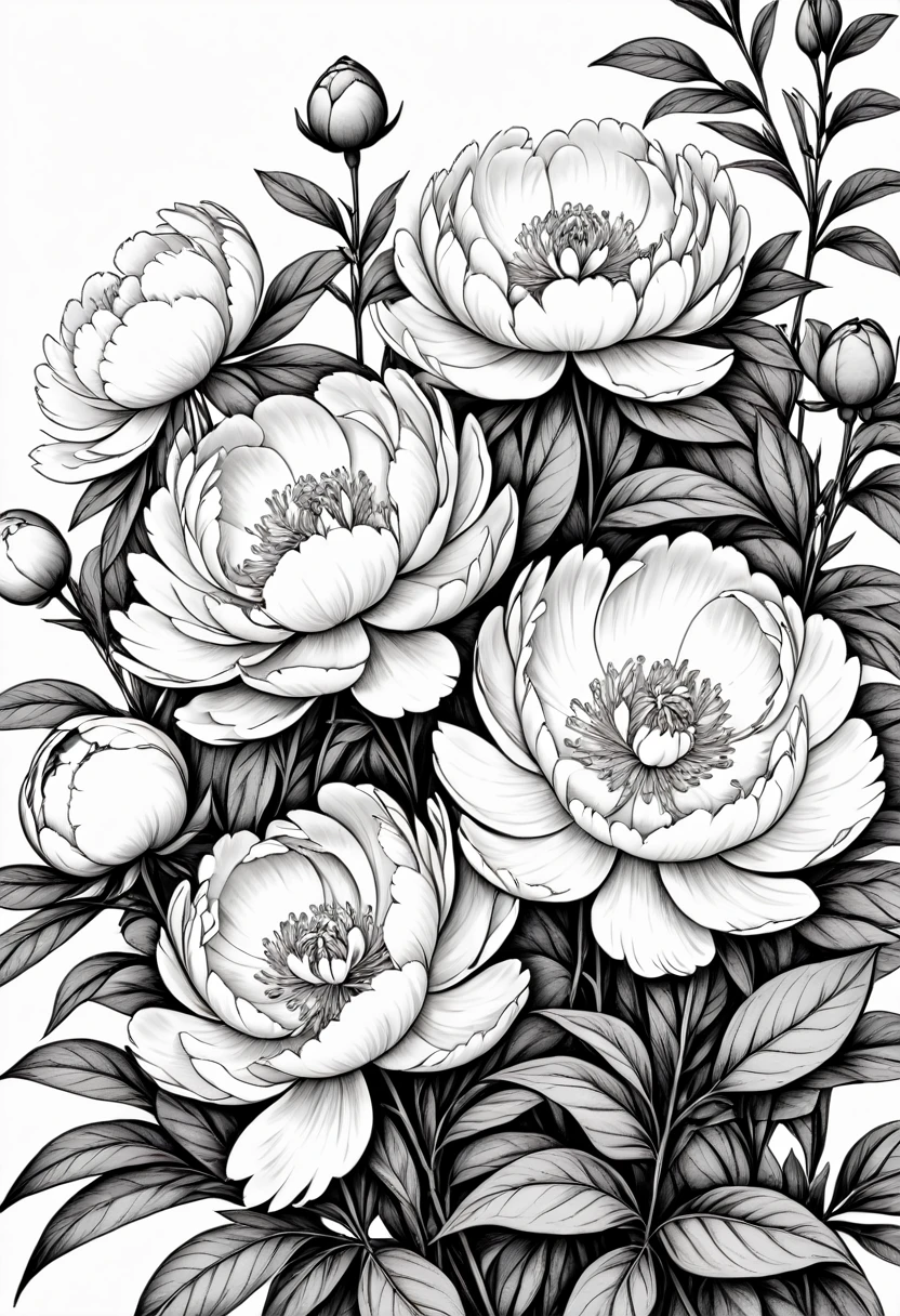 thin line drawing without shading and without black areas, drawing of many small peonies, On white background, monochrome, black andwhite, no shadows, white background, clear leaves, white sheets, light white leaves