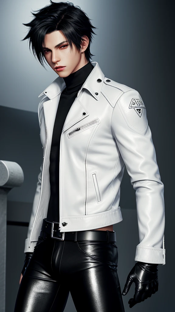 Final fantasy taste and reality graphics, Japanese young cute and cool ikemen  boy, his age is early 20s, thin eyebrows and beady eyes,  he wearing off white color leather thick singlebrest biker jacket, with epaulet,  must close the front of the leather jacket, jacket is biker style, jacket is voluminous, , jacket collar is high length stand-up collar with belts, jacket is a little black line pattern,close the front of the jacket, also wearing black thick turtleneck lackluster shirts,  tight black leather pants, shiny black leather tight and thin glove, black leather knee-high raceup boots,must views  head-to-toe,must views whole body, boy looks like fashion model,Do not show skin from the neck down,leather jacket leather glove and leather pants have few wrinkles,boy in the room,