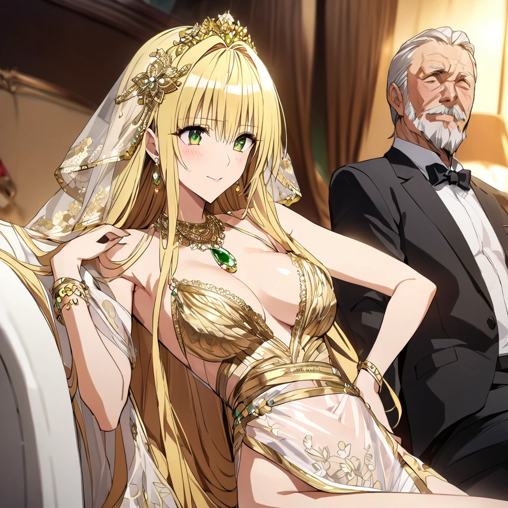 ((Highest quality)), ((masterpiece)), (detailed), (Perfect Face)、The woman was a tiare with green eyes and medium-long blonde hair, and was wearing a luxurious, shiny, gold-colored, long-slit see-through dress with gorgeous embroidery and trim, which allowed her skin to show through, a gold-colored see-through cape, and a gold-colored see-through veil. She was wearing a gorgeous jeweled hair accessory, a jeweled head dress chain, a jeweled waist chain, a gorgeous necklace, bracelets, ankle bracelets, jeweled earrings, and shiny gold boots. She was also wearing an engagement ring.、The woman is sitting on a luxurious sofa in a luxurious room with her 16-year-old daughter and a man, enjoying a family gathering.、The man is a dignified, bearded, elderly man of great wealth, wearing luxurious clothing with gold embroidery and trim.