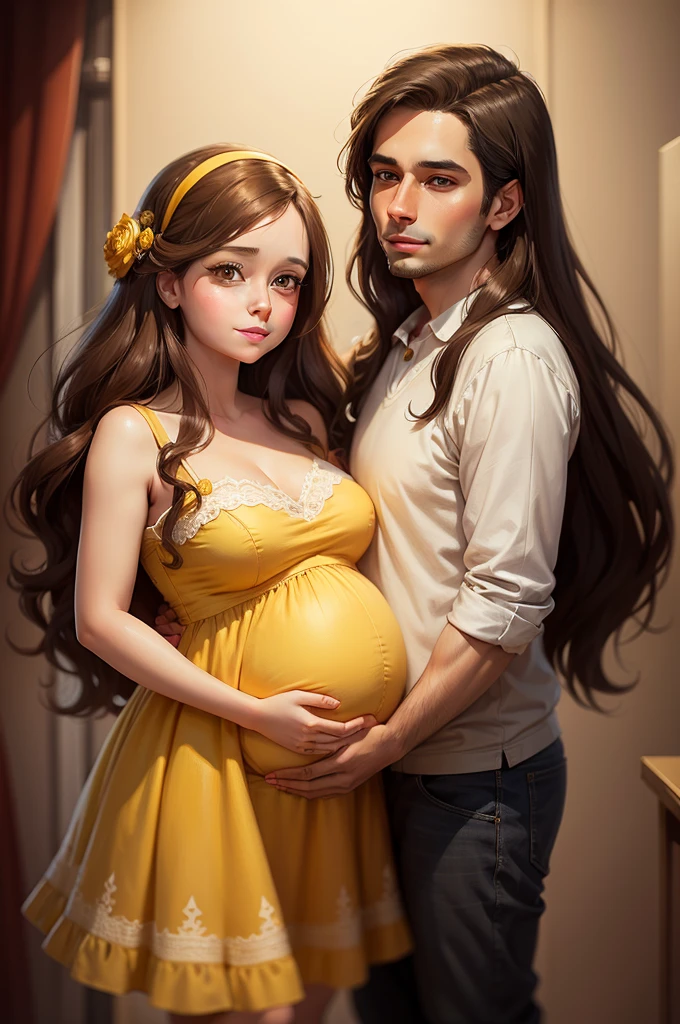 a painting of a pregnant woman with long brown hair and a yellow dress, with her husband, inspired by Lois van Baarle, adorable digital painting, cute detailed digital art, digital cartoon painting art, beautiful digital illustration, cute digital art, a beautiful artwork illustration, cartoon digital painting, blur background