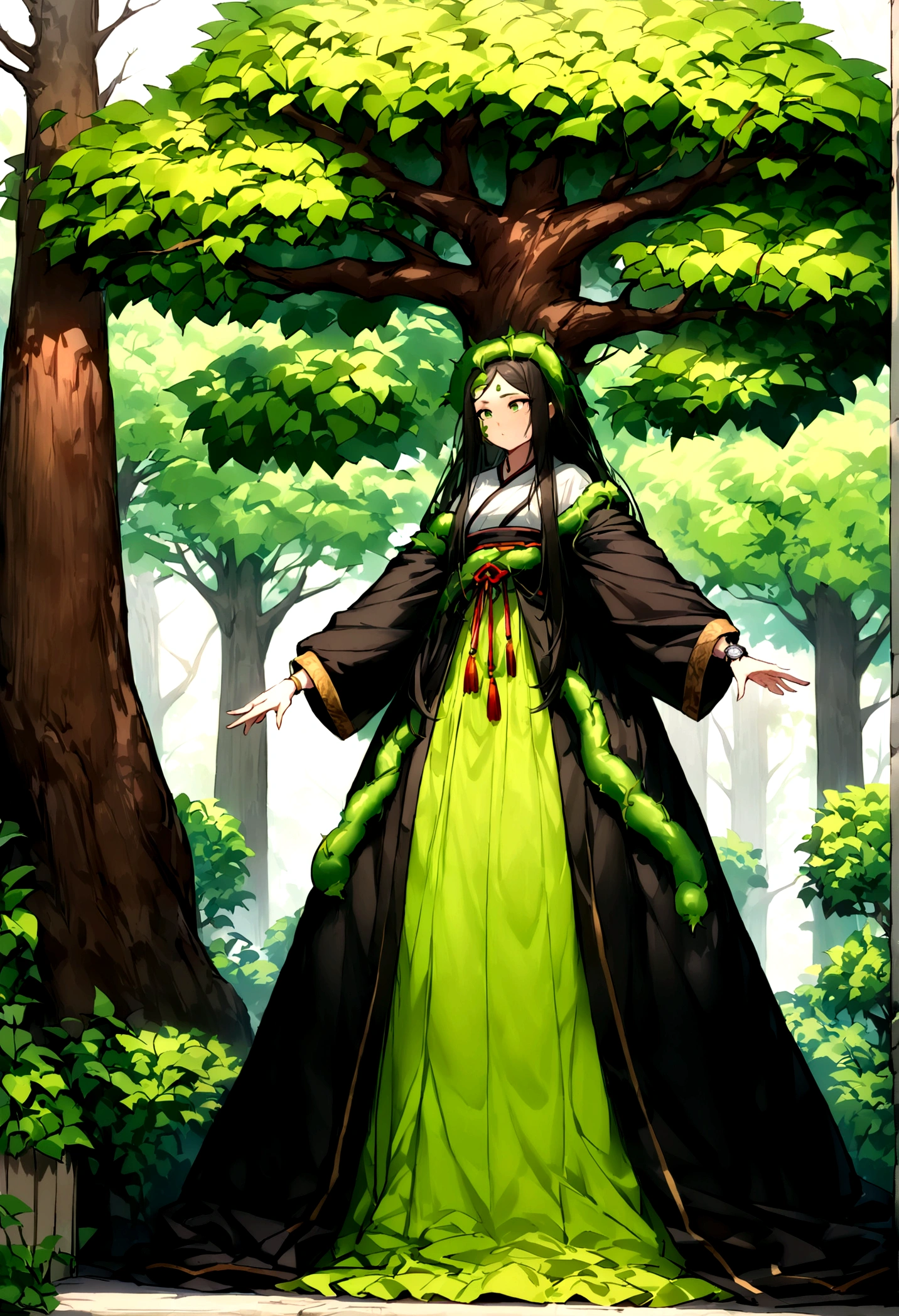 (masterpiece), (best quality), Cinema quality,Rendered by Octane,extreme detailed details,1 person,A young man's face,Facial details,Perfect facial features,(Trees are growing like crazy:1.5),map,wood chips,splash,The air is filled with green toxic gases,particle,vines flying, gaze, Watch the audience, Chinese Hanfu,(Full body female love :1.3),, (Behind him,There is a huge green plate:1.5)