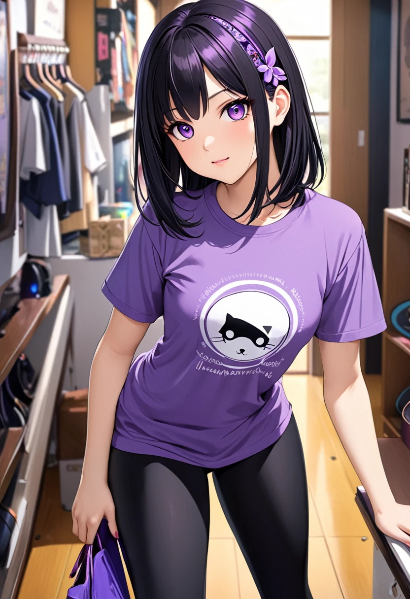 Top quality, masterpiece, high resolution, 17 years old girl, wearing a purple t-shirt, leggings, medium hair, straight hair, and black hair, hair accessories on side, hazel right eye, purple left eye, cool face, medium breast