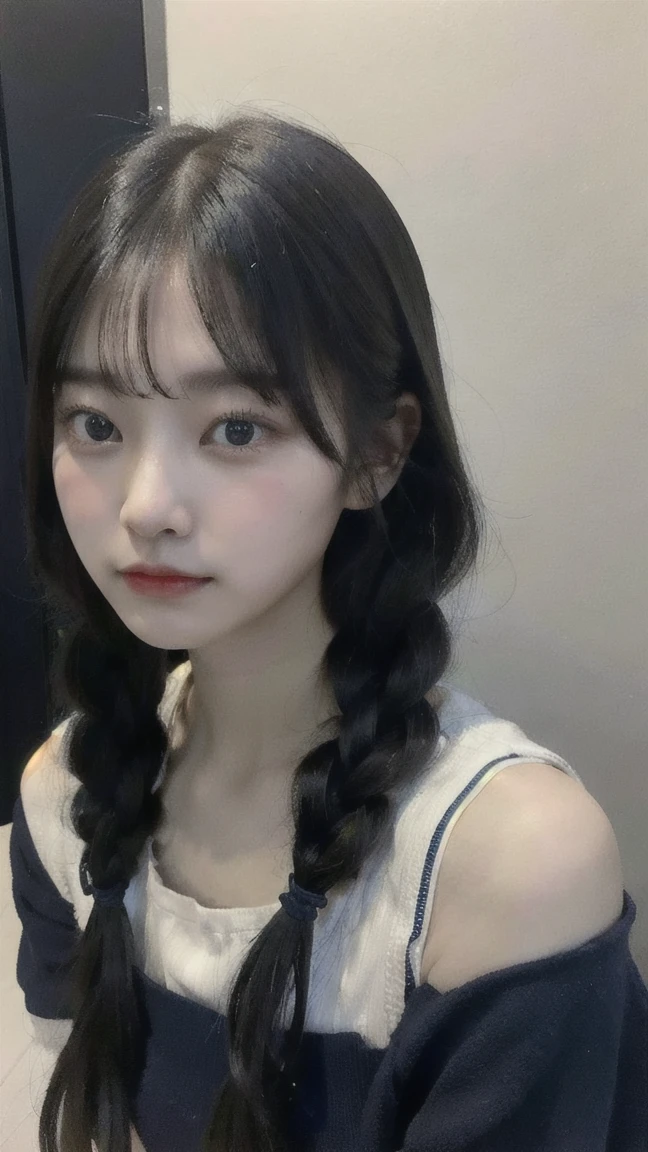 Portrait of a young East Asian girl in a navy blue and white sailor-style . She has long black hair styled in two braids, with straight bangs across her forehead. The girl has large, dark eyes and a small, delicate nose. Her expression is neutral, looking directly at the camera. The background shows a dark blue wooden wall with some green ivy or vine leaves visible to the side. The lighting is soft and natural, creating a slightly moody atmosphere. High-resolution image with sharp focus on the face