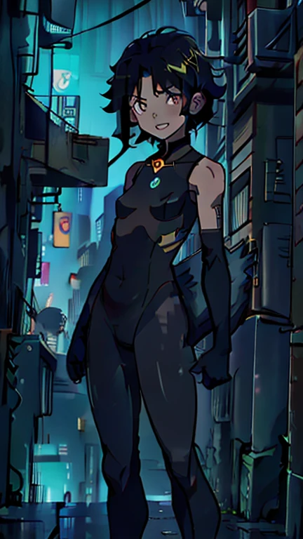best quality,masterpiece,1girl,solo,(((13years old))),japanese boy,an extremely cute and handsome boy,highly detailed beautiful face and eyes,petit,cute face,lovely face,baby face,shy smile,show teeth,black dreads,short hair,flat chest,skinny,slender,(((wearing Vixen costume))),(((standing in Dark Midnight Neon Glow light Cyberpunk metropolis city))),he is looking at the viewer,