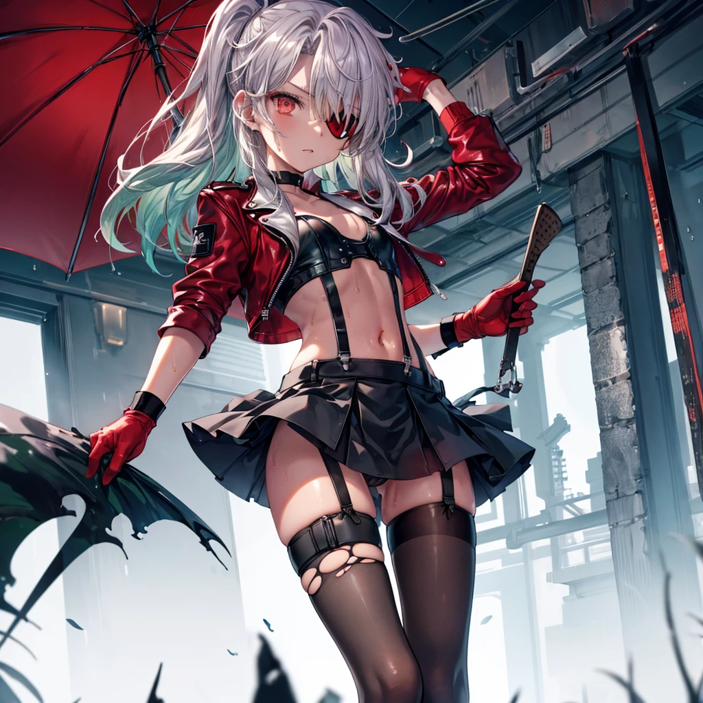 ((Highest quality)), ((masterpiece)), ((detailed)), (4K), 1girl, 独奏, (eyepatch), middle hair, green hair, (red eyes), crop top, leather jacket, small breasts, Torn miniskirt, suspender skirt, torn pantyhose, panties under pantyhose, choker, bracelet, (rain), ((wet)), gloves, see through, (expressionless), scowl, (from below), (looking down), looking at viewer, (open legs), wasteland, town