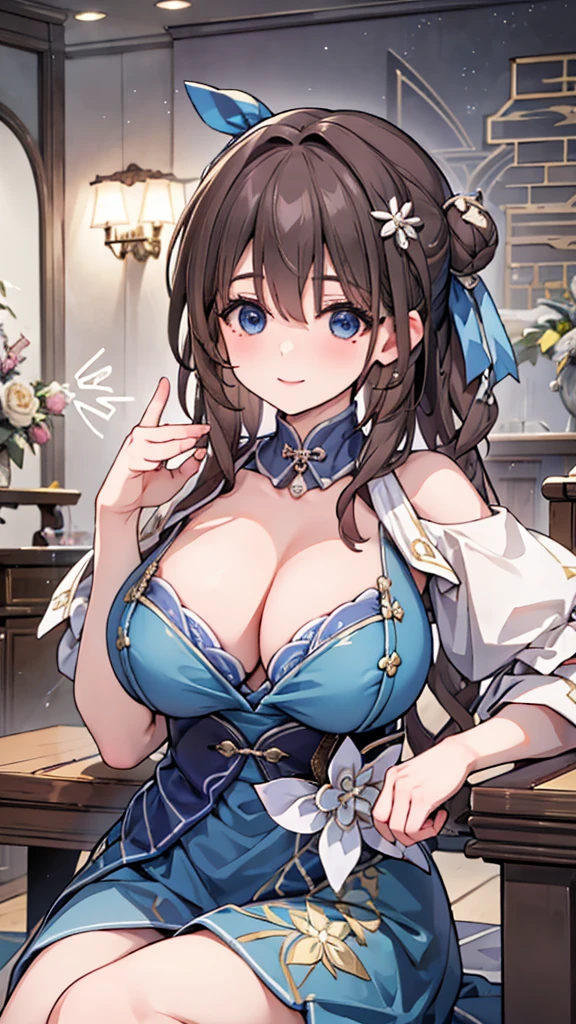 Masterpiece, high quality, 4K, best quality, Paris France city background, Ruan Mei had light brown hair, casually tied into a bun with a few safety pins and ribbons. Her clothes are dominated by blue and white, her dress is made in the traditional Luofu Xianzhou style , sitting on a cafe chair, and on the table there is a foamy drink,Become a,Large Breasts,Lipstick,Smile