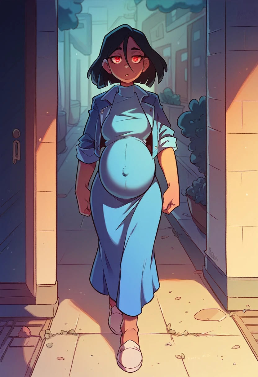 Pregnant woman wearing a blue dress, wearing a jacket, long black hair, red eyes, walking on the sidewalk