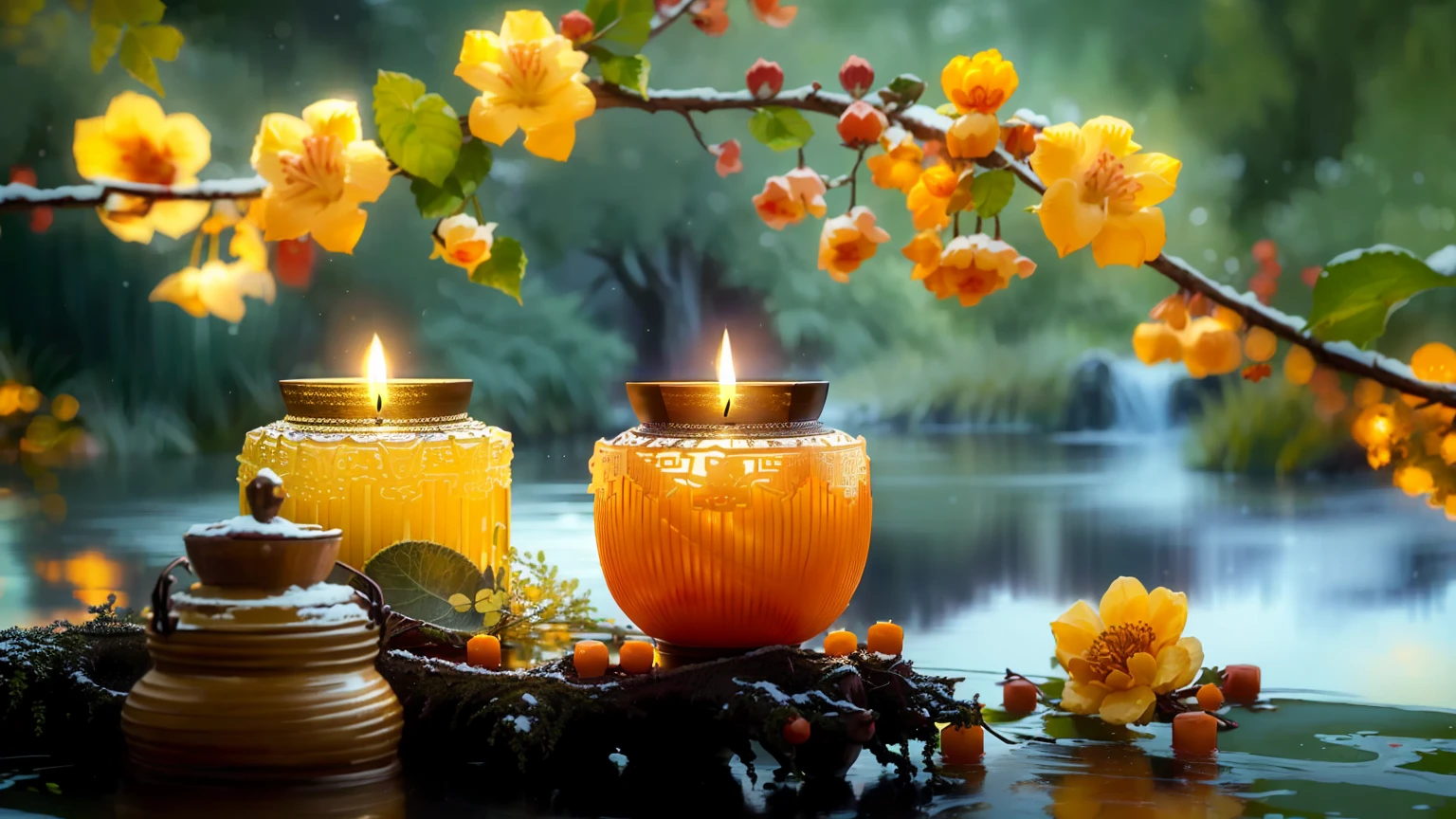 there are two Candles that are sitting on a table, Peaceful atmosphere, Warm and beautiful scenery, Beautiful atmosphere, Peaceful atmosphere, glowing Candles, Yellow lantern, Beautiful atmosphere, Relaxed atmosphere, floating Candles, Peaceful landscape, Candles, Candlesライト, Blissful atmosphere, Warm and fun atmosphere, Serene landscape, Beautiful Wallpapers, High-resolution wallpapers, Very peaceful mood, lit Candles