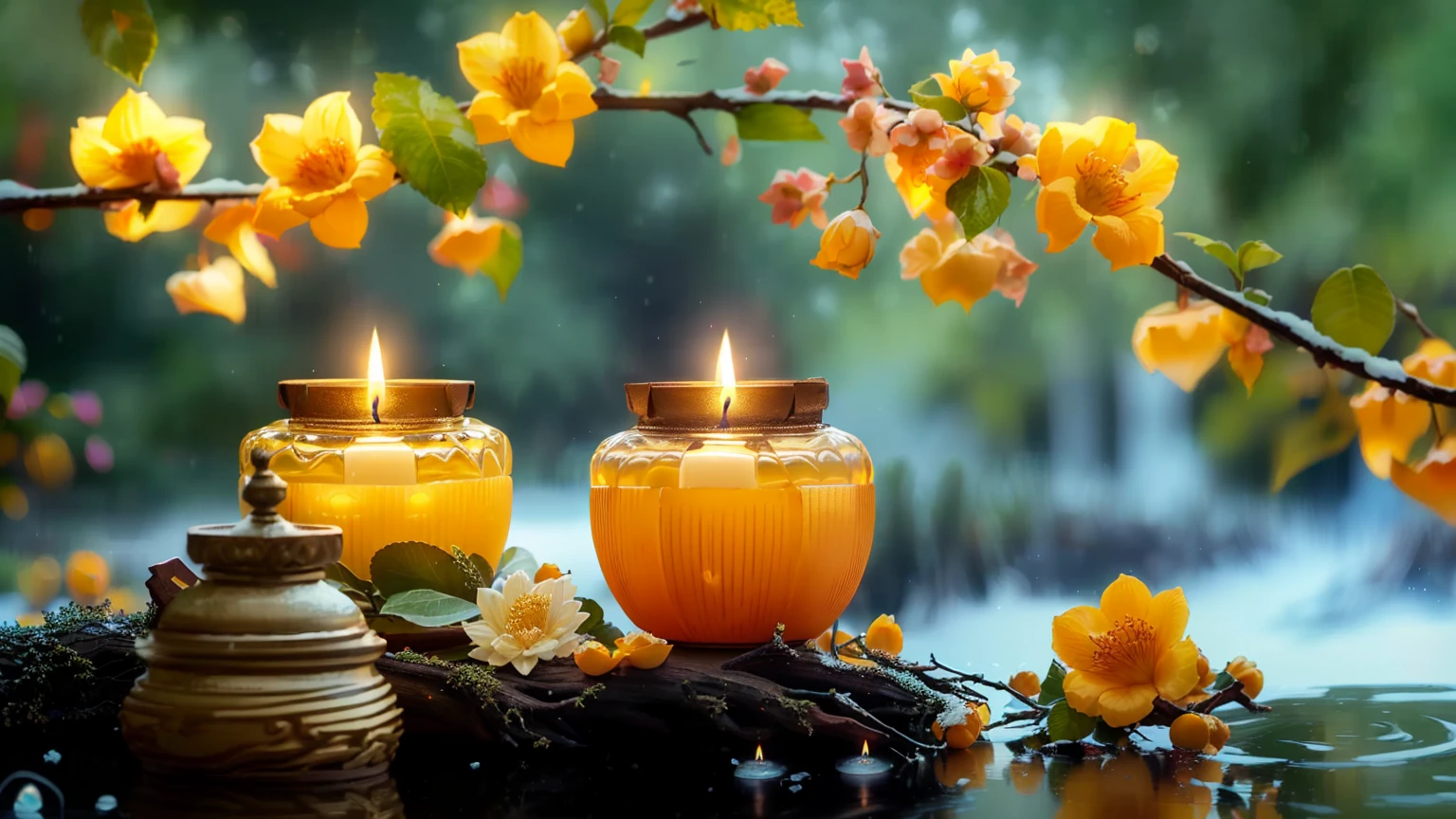there are two Candles that are sitting on a table, Peaceful atmosphere, Warm and beautiful scenery, Beautiful atmosphere, Peaceful atmosphere, glowing Candles, Yellow lantern, Beautiful atmosphere, Relaxed atmosphere, floating Candles, Peaceful landscape, Candles, Candlesライト, Blissful atmosphere, Warm and fun atmosphere, Serene landscape, Beautiful Wallpapers, High-resolution wallpapers, Very peaceful mood, lit Candles
