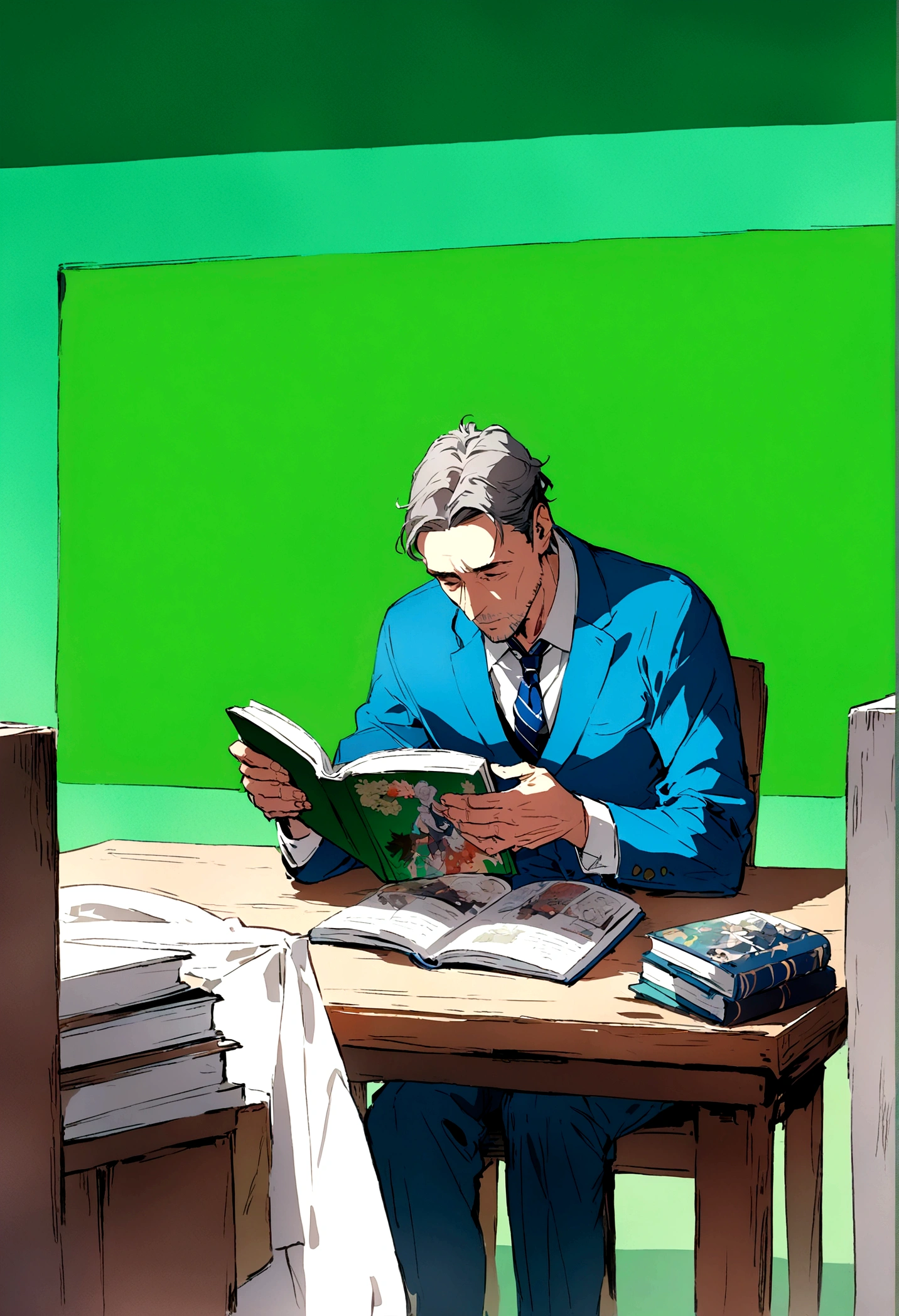 a man in his 50's dressed in blue reading a book , facing forward, ((Green Screen background)), Green background, manga illustration, beautifully illustrated, detailed manga illustration, best qualityer，8K， masterpiece, high resolution,