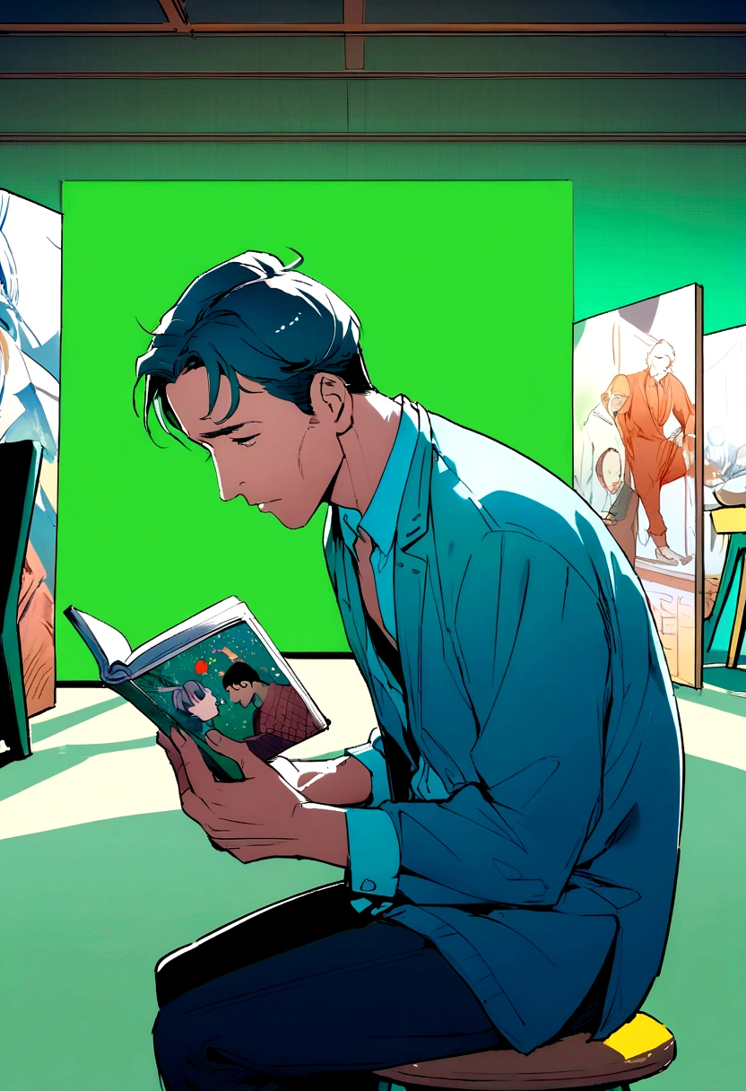 a man in his 50's dressed in blue reading a book , facing forward, ((Green Screen background)), Green background, manga illustration, beautifully illustrated, detailed manga illustration, best qualityer，8K， masterpiece, high resolution,