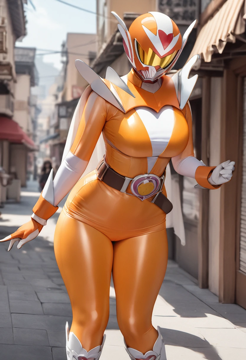 masterpiece, best quality, very aesthetic, absurdres, high quality, 1girl, original, ibagirl, tokusatsu, orange helmet, orange bodysuit, belt, gloves, white boots, shoulder armor, skirt, standing, street(background),