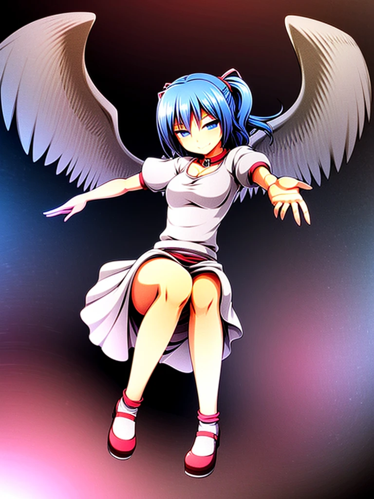(best quality,4k,8k,highres,masterpiece:1.2), ultra-detailed, highly detailed texture, intricate details, A cute teenage angel with blue eyes, drawn in anime style, 1girl, , , 10 years old, medium blue hair, hair flaps, pink ribbon on head, well-formed face, blue eyes, angel girl, white blouse, puffy short sleeves, red ribbon, angel wings, long white skirt, red shoes, frills, ribbon head, A pair of angel wings on the back, from behind, to lift up one’s skirt, cowboy shot, from front, standing , raise one leg, crossed arms, arms up behind, arms behind back, hand between legs, put hands hip, one hand on hip, forward hands, arms raised in the air, punch hands, peace sign, waving, put up index finger, sit, lie down, closed eyes, lie face down, looking back, put one hand chest, leaning forward, cleavage, close up, horizontally outstretched arms, horizontally outstretched legs, front view, front face