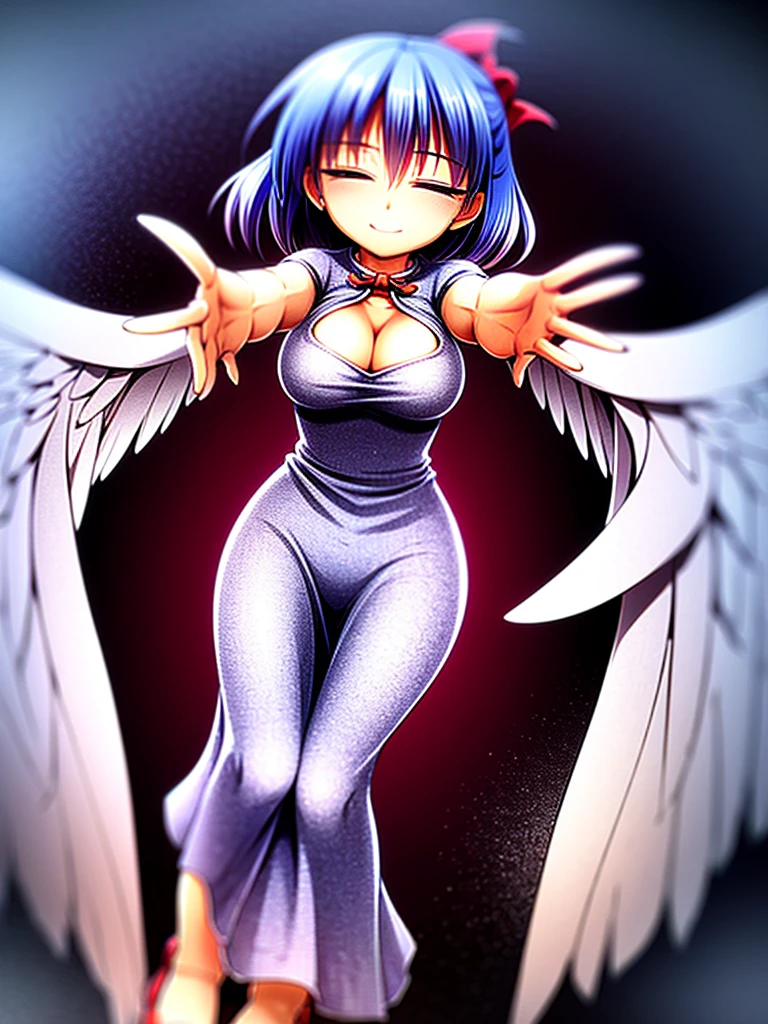 (best quality,4k,8k,highres,masterpiece:1.2), ultra-detailed, highly detailed texture, intricate details, A cute age angel with blue eyes, drawn in anime style, 1girl, , , 10 ydium blue hair, hair flaps, pink ribbon on head, well-formed face, blue eyes, angel girl, white blouse, puffy short sleeves, red ribbon, angel wings, long white skirt, red shoes, frills, ribbon head, A pair of angel wings on the back, from behind, to lift up one’s skirt, cowboy shot, from front, standing , raise one leg, crossed arms, arms up behind, arms behind back, hand between legs, put hands hip, one hand on hip, forward hands, arms raised in the air, punch hands, peace sign, waving, put up index finger, sit, lie down, closed eyes, lie face down, looking back, put one hand chest, leaning forward, cleavage, close up, horizontally outstretched arms, horizontally outstretched legs, front view, front face
