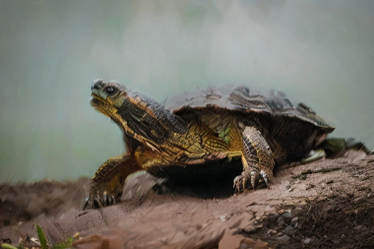 giant tortoise with horrible legs and on top of the tortoise the forest 