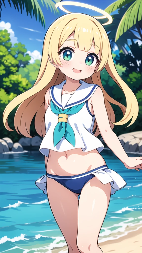 First place girl，Long straight hair，The right bangs，Light hair，Light Blonde Hair，Light green pupils，以blue、White-based clothes，Sailor Suit上衣，Tactics，Technology，Goggles，Modern，blue、白色紧身连体Swimsuit，连体Swimsuit，Swimsuit，Sailor SuitNavel短上衣，Navel，Sailor Suit，White halo，Gentle and lovely，Kind，Smile，迷人的Smile，one person，daytime，outdoor，high quality，Don’t overdo the composition，Masterpiece