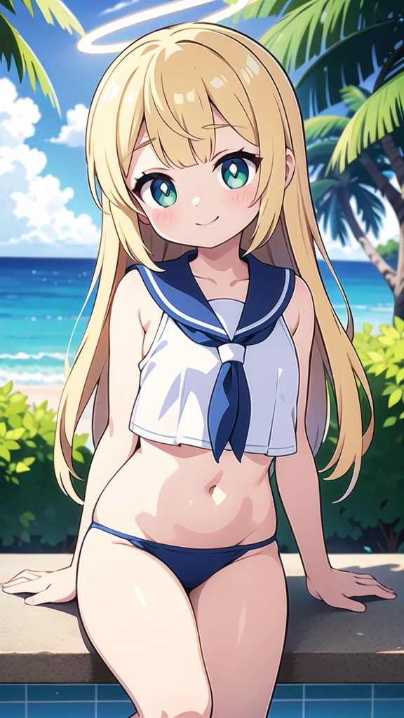 First place girl,Long straight hair,The right bangs,Light hair,Light Blonde Hair,Light green pupils,以blue、White-based clothes,Sailor Suit上衣,Tactics,Technology,Goggles,Modern,blue、白色紧身连体Swimsuit,连体Swimsuit,Swimsuit,Sailor SuitNavel短上衣,Navel,Sailor Suit,White halo,Gentle and lovely,Kind,Smile,迷人的Smile,one person,daytime,outdoor,high quality,Don’t overdo the composition,Masterpiece