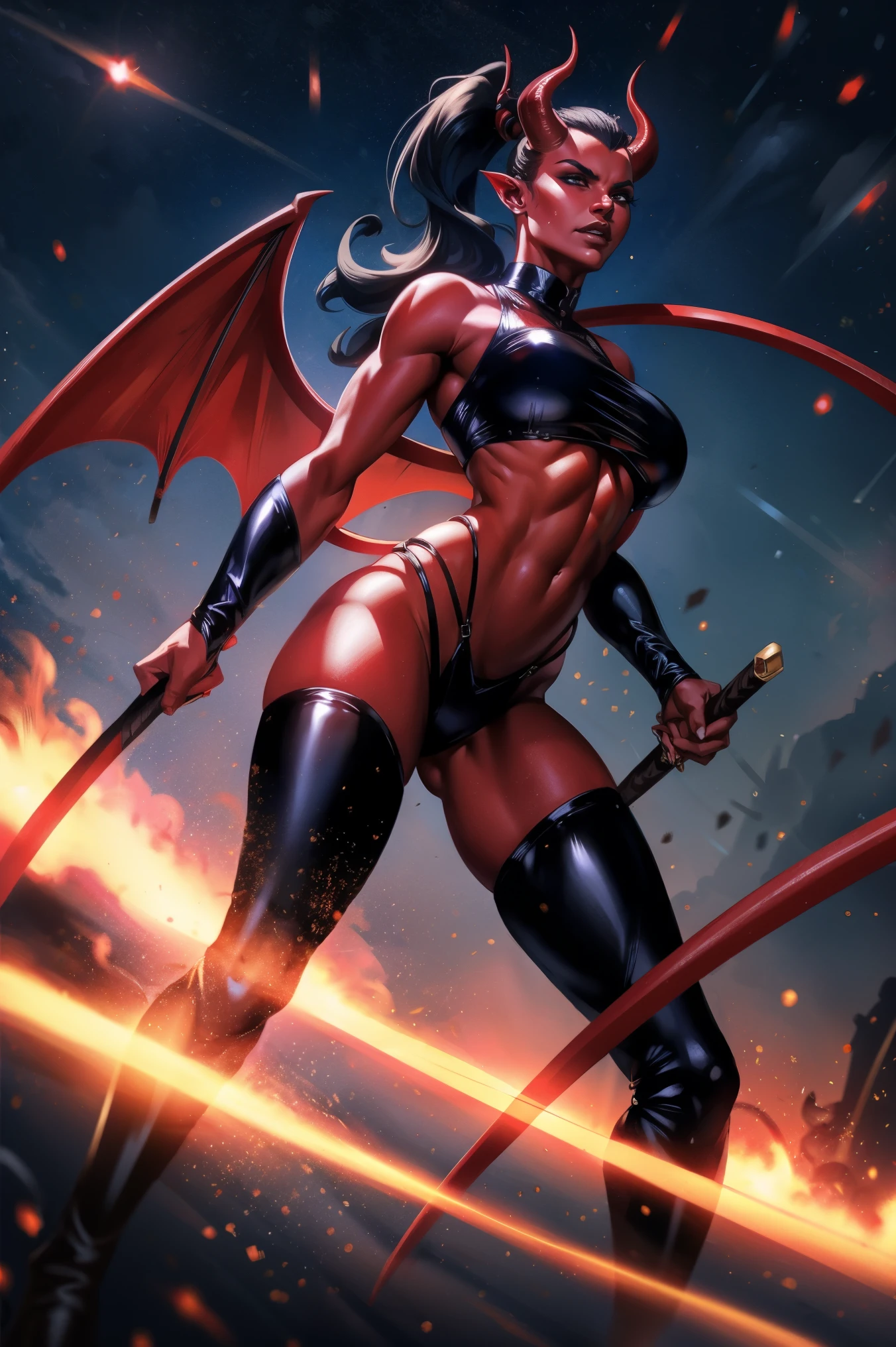 Red skin succubus tiefling, medium breasts, black horns, wings, huge tail, black leather, crop top, long flowing pelvic curtain, tall, toned, graceful, thin, long black ponytail. Action scene, whip. Dark scene, explosions, night sky.