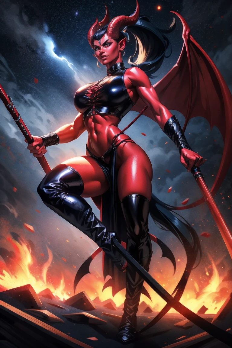 Red skin succubus tiefling, medium breasts, black horns, wings, huge tail, black leather, crop top, long flowing pelvic curtain, tall, toned, graceful, thin, long black ponytail. Action scene, whip. Dark scene, explosions, night sky.