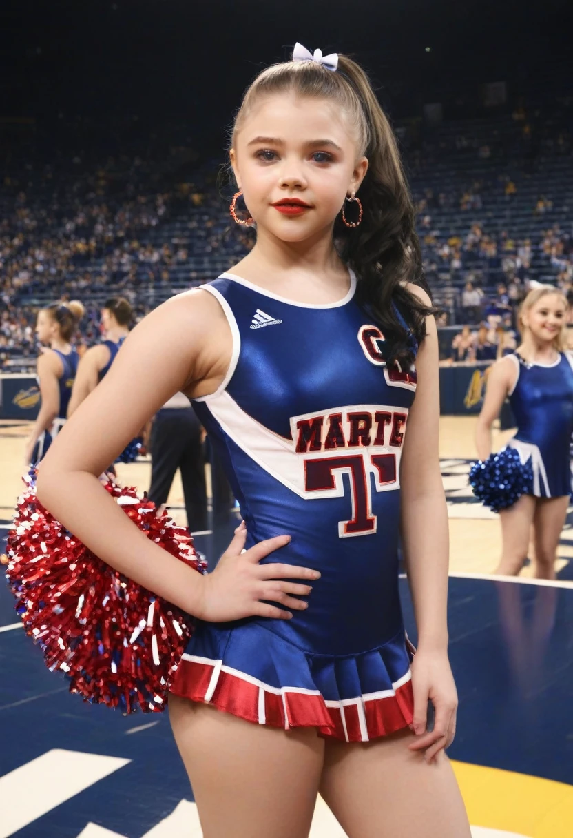 1girl, Chloe Moretz, cheerleader uniform, full body, long black hair in ponytail, holding pompoms, cheerleading inside Crisler Center, beautiful detailed eyes, beautiful detailed lips, extremely detailed face and features, long eyelashes, sheer and shiny cheerleader minidress, silky tan pantyhose, 5 inch black high heeled stilettoes, red lipstick, dangling earrings, (best quality,4k,8k,highres,masterpiece:1.2),ultra-detailed,(realistic,photorealistic,photo-realistic:1.37),hdr,vivid colors,studio lighting,professional