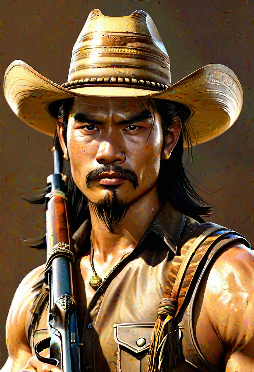 "Create a realistic image of a Thai man with strong, serious features, wearing a brown shirt and a wide-brimmed cowboy hat Tiger skin band is a strap around the hat. He is holding a long rifle with a firm grip. The background should be natural and somewhat indistinct, focusing more on the character. Emphasize realistic textures and lighting to bring the character to life."