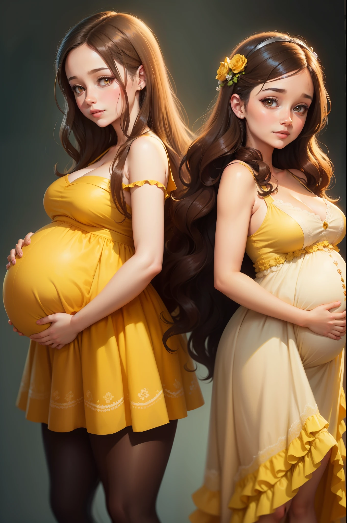 a painting of a pregnant woman with long brown hair and a yellow dress, with her husband, inspired by Lois van Baarle, adorable digital painting, cute detailed digital art, digital cartoon painting art, beautiful digital illustration, cute digital art, a beautiful artwork illustration, cartoon digital painting, blur background