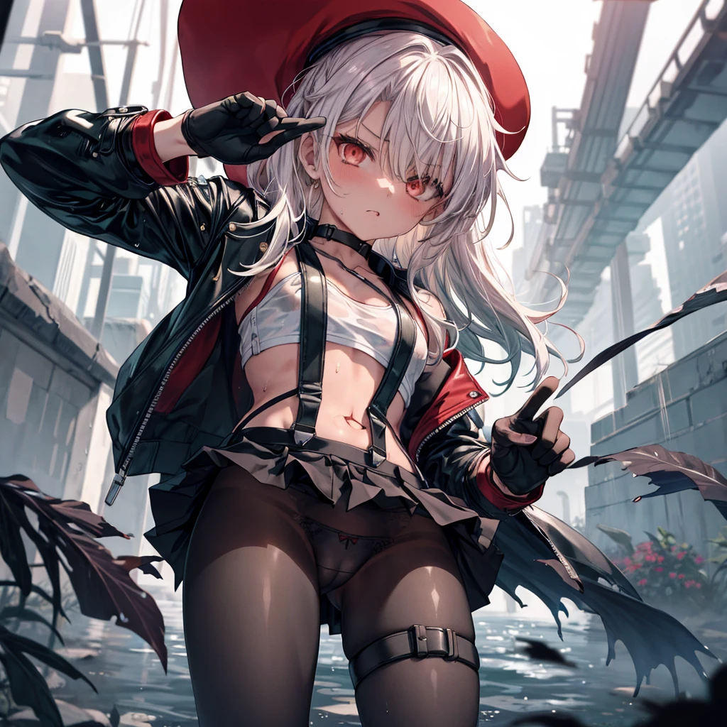 ((Highest quality)), ((masterpiece)), ((detailed)), (4K), 1girl, 独奏, (eyepatch), middle hair, green hair, (red eye), crop top, leather jacket, small breasts, Torn miniskirt, suspender skirt, torn pantyhose, panties under pantyhose, choker, bracelet, (rain), ((wet)), gloves, see through, (expressionless), scowl, (from below), (looking down), looking at viewer, (open legs), wasteland, town