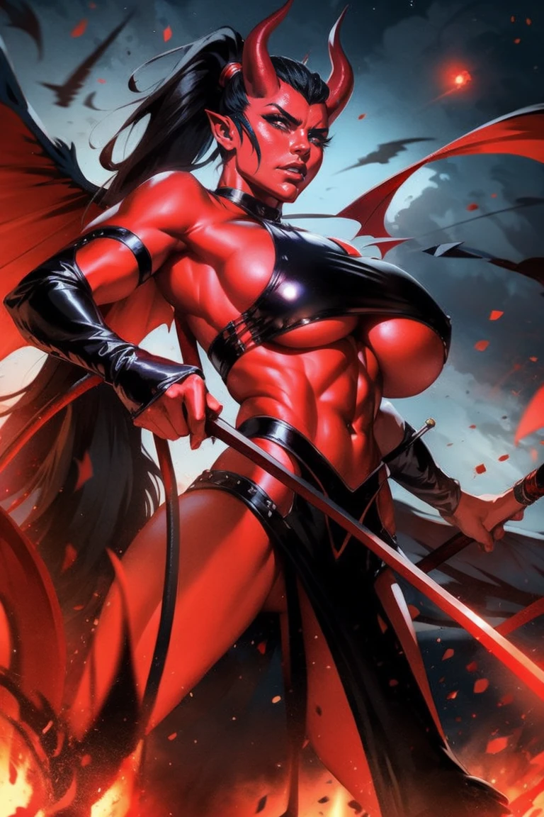 Red skin succubus tiefling, medium breasts, black horns, wings, huge tail, black leather, crop top, long flowing pelvic curtain, tall, toned, graceful, thin, long black ponytail. Action scene, whip. Dark scene, explosions, night sky.