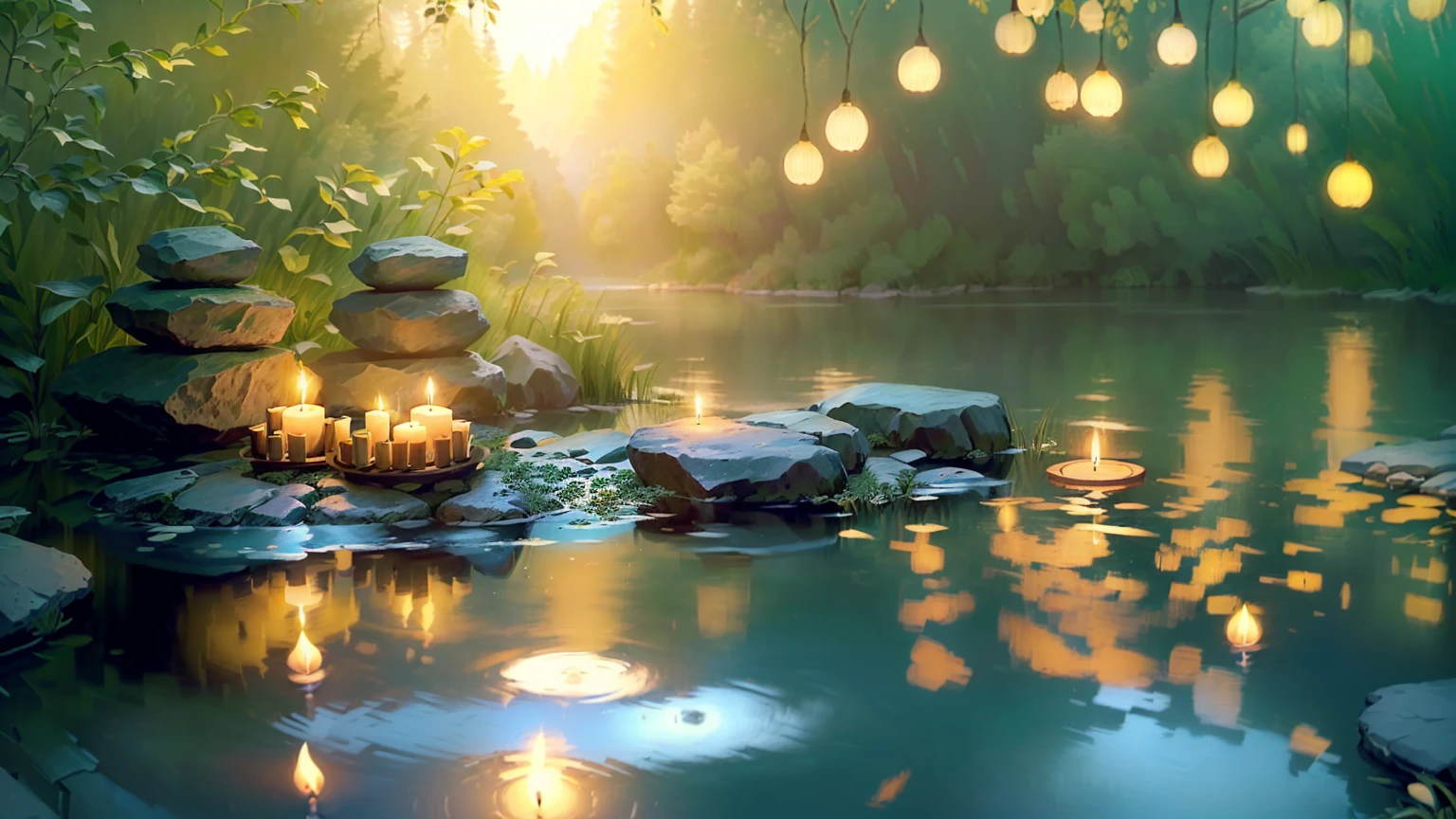 A candle is lit on a rock in a pond, Peaceful atmosphere, Zen Nature Background, Relaxed atmosphere, Quiet landscape, Relaxing environment, Quiet environment, Peaceful environment, Calm evening atmosphere, Peaceful and serene, Serene landscape, Peaceful atmosphere, Floating Candles, Quiet and peaceful atmosphere, relaxed mood, Tranquility, Magical Scene, Peaceful landscape, Peaceful mood, very Peaceful mood