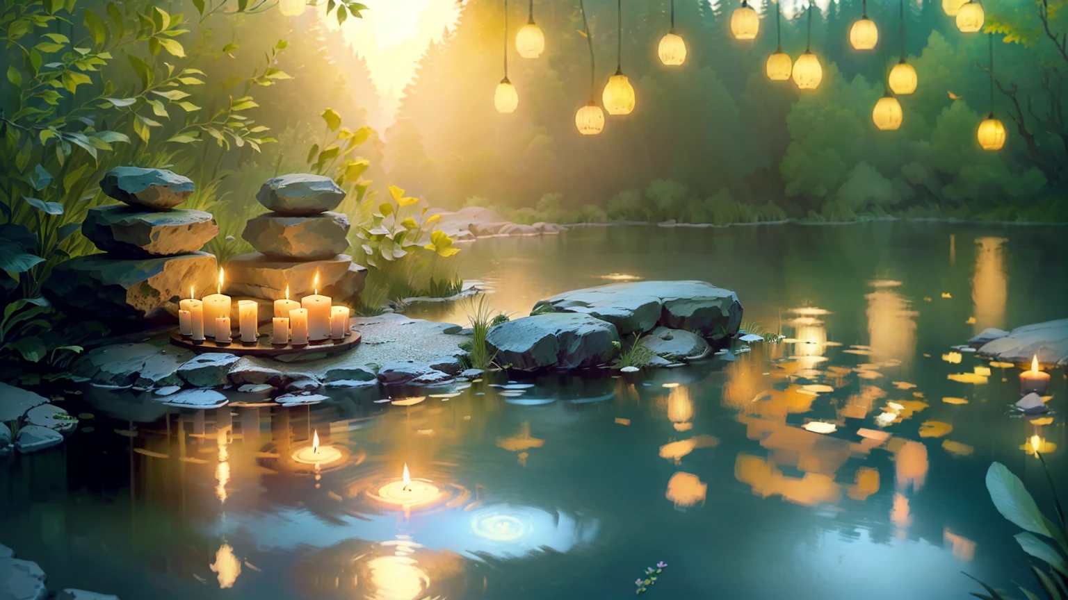 A candle is lit on a rock in a pond, Peaceful atmosphere, Zen Nature Background, Relaxed atmosphere, Quiet landscape, Relaxing environment, Quiet environment, Peaceful environment, Calm evening atmosphere, Peaceful and serene, Serene landscape, Peaceful atmosphere, Floating Candles, Quiet and peaceful atmosphere, relaxed mood, Tranquility, Magical Scene, Peaceful landscape, Peaceful mood, very Peaceful mood