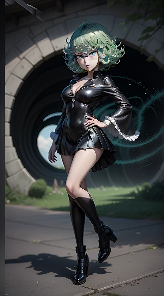 Full body shot of a real life tatsumaki from one punch man, solo, flying in the sky, black and blue slit skirt, scene in green field, with green curly hair. Perfect body composition, perfect art work drawn by AI, responsible for the layout. Real person sexy blue eyes, real face, pretty darn cute, nagito komaeda, style 3D anime style 8k, demon slayer fan art, epic anime style, stylized anime, anime style digital art, digital art from danganronpa, realistic art style. highest image quality, most detailed, high octane, detailed everything 3D quality 8k