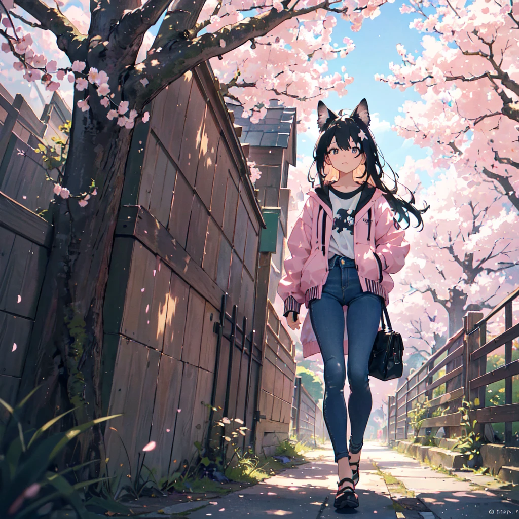 A 15-year-old girl with black cat ears and black hair, walking through a beautiful park filled with cherry blossom trees. She is wearing casual clothes: blue jeans, all-star shoes, and a white jacket with a crucifix design on the back. She has a thoughtful expression. Her right eye is dark blue, and her left eye is dark green. She has a strand of hair falling over the right side of her face, but it doesn't completely cover her right eye. The style should resemble anime art with vibrant and detailed colors, emphasizing her emotions. The scene is bathed in soft pinks and light, creating a serene and peaceful atmosphere as she walks among the blooming cherry blossoms.
