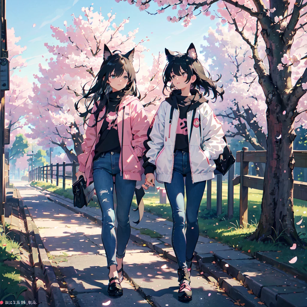 A 15-year-old girl with black cat ears and black hair, walking through a beautiful park filled with cherry blossom trees. She is wearing casual clothes: blue jeans, all-star shoes, and a white jacket with a crucifix design on the back. She has a thoughtful expression. Her right eye is dark blue, and her left eye is dark green. She has a strand of hair falling over the right side of her face, but it doesn't completely cover her right eye. The style should resemble anime art with vibrant and detailed colors, emphasizing her emotions. The scene is bathed in soft pinks and light, creating a serene and peaceful atmosphere as she walks among the blooming cherry blossoms.