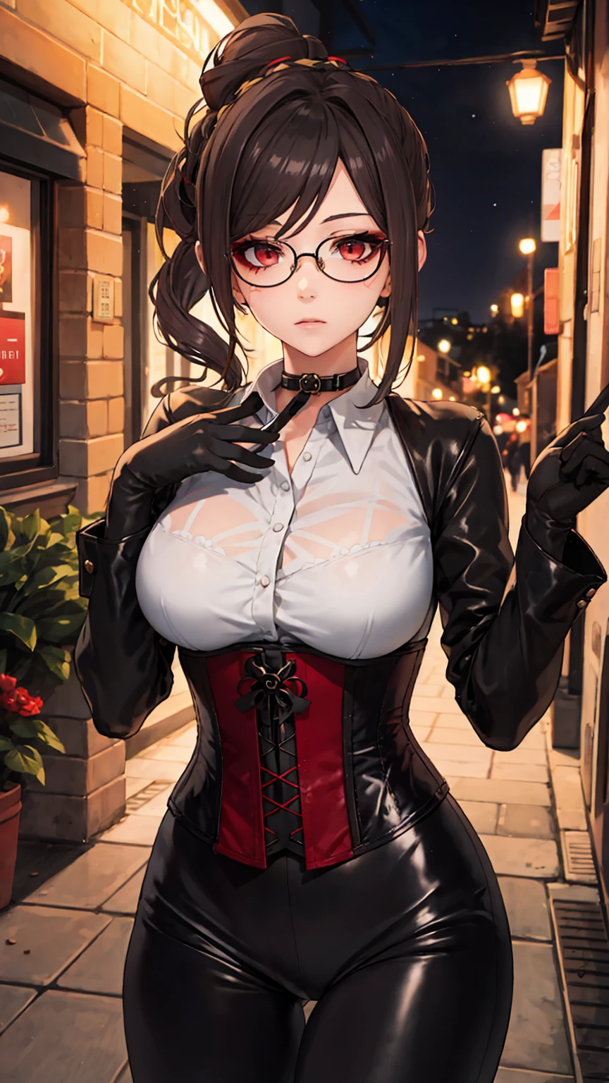 1 girl, Chiori \(genshin impact\), Alone, choker:1.6, White long sleeve shirt with long sleeve collar, black leather corset, black gloves that cover your hands, shiny black leggings, glasses, looking at the viewer,, inside, depth of field, expressionless, alley, at night