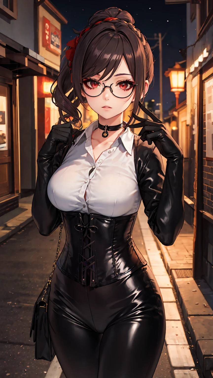 1 girl, Chiori \(genshin impact\), Alone, choker:1.6, White long sleeve shirt with long sleeve collar, black leather corset, black gloves that cover your hands, shiny black leggings, glasses, looking at the viewer,, inside, depth of field, expressionless, alley, at night